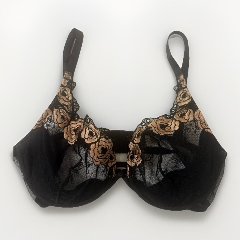 Wacoal Bra Retro 34D Black Gold Sheer Embroidered Underwire Lace Sexy 65172